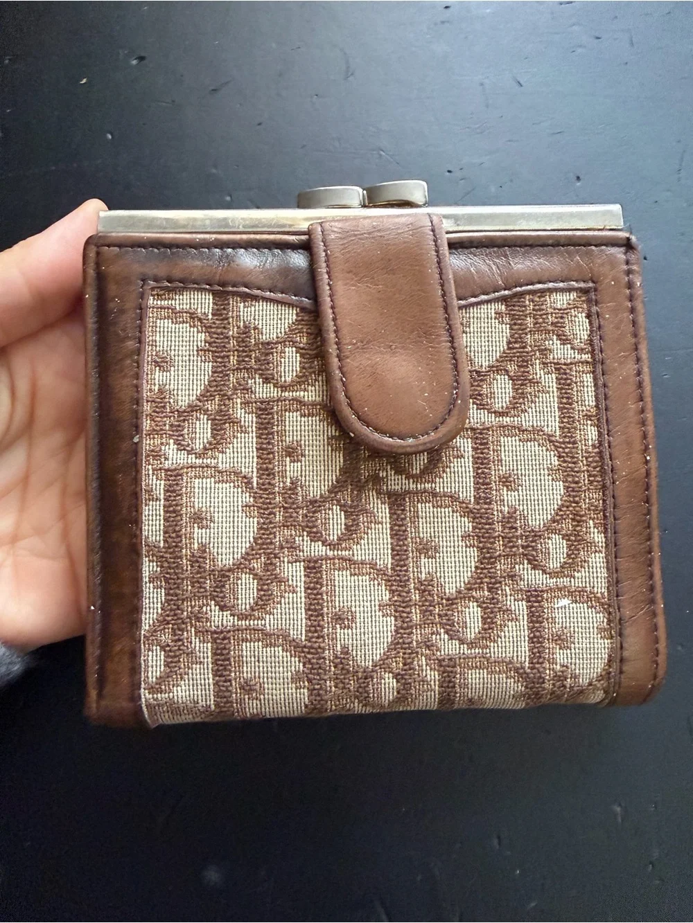 Vintage Christian Dior Trotter Oblique Canvas & Leather Kiss-Lock Compact Wallet